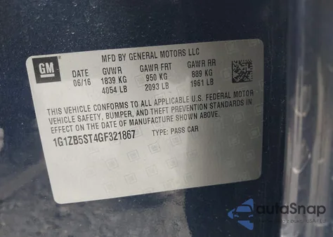 2016 Chevrolet Malibu Ls z USA, uszkodzony, nr VIN 1G1ZB5ST4GF321867